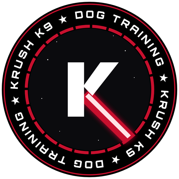 KRUSHK9 Dog Training badge with K and red energy blade